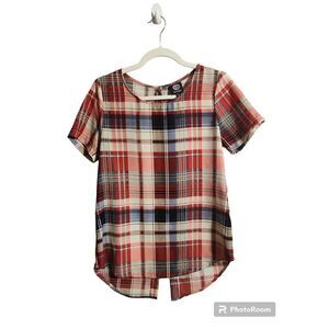 Bobeau Women's Size XSMALL Red Plaid Silky soft Flowing‎ Blouse Top lightweight
